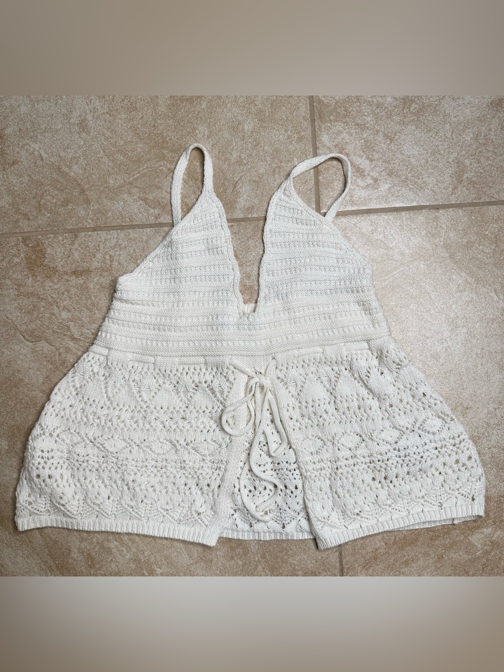 Bershka Cream Crochet V-Neck Tie-Front Bandeau Top